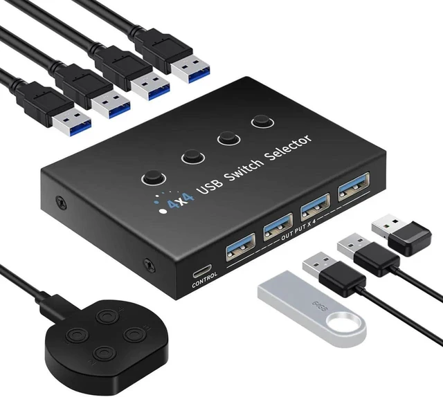 Main image of USB 3.0 Switch 4 Computers 4 Ports, USB Switcher Selector Share 4 USB Devices, 5Gbps, Desktop Controller + Button Switch, for Keyboard Mouse Printer HDD, Mac Windows Linux