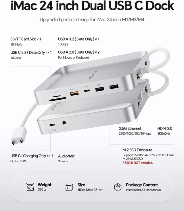 Alt view image 2 of 7 - 11-in-1 USB C Hub for iMac 24" 2021-2024 with M.2 NVMe 4TB SSD Enclosure