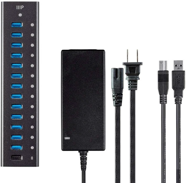 Alt view image 4 of 4 - Monoprice Powered USB 3.0 Hub - 13-Port, Heavy Duty Aluminum, 5Gbps, Plug-n-Play with AC Adapter, 2.4 Amps Charging Ports, Black