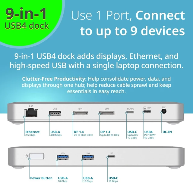 Alt view image 2 of 7 - D-Link 9-in-1 USB4 Docking Station with Dual 8K DisplayPorts, Ethernet up to 2.5Gb, USB4 up to 40GB, up to 100W Power Delivery, microSD Reader, Hub, Dock, PC, Mac (DUF-901)