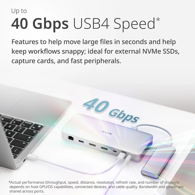 Alt view image 3 of 7 - D-Link 9-in-1 USB4 Docking Station with Dual 8K DisplayPorts, Ethernet up to 2.5Gb, USB4 up to 40GB, up to 100W Power Delivery, microSD Reader, Hub, Dock, PC, Mac (DUF-901)