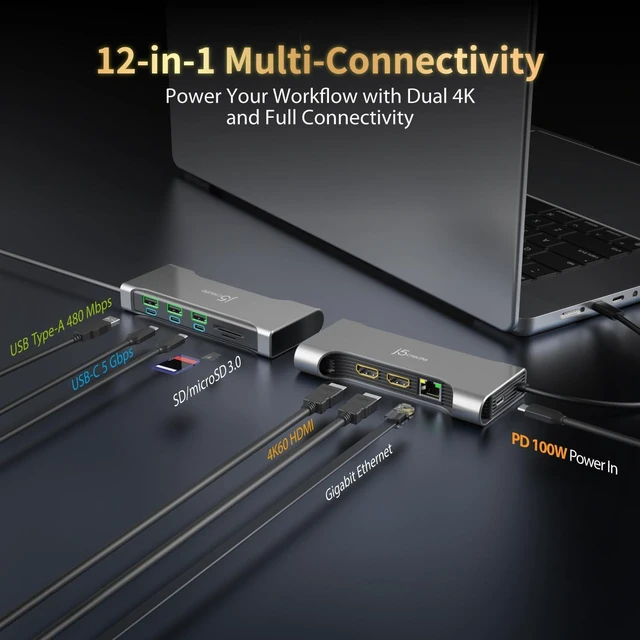 Alt view image 2 of 7 - j5create 12 in 1 Flexible Ports USB-C Hub, MST Dual 4K60Hz/1080p144Hz HDMI