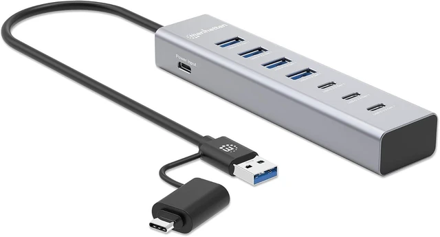 Main image of Manhattan 7-Port USB Hub, 3 USB-C, 4 USB-A, 5 Gbps, Aluminum, Bus Powered