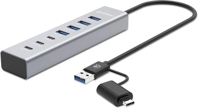 Alt view image 2 of 6 - Manhattan 7-Port USB Hub, 3 USB-C, 4 USB-A, 5 Gbps, Aluminum, Bus Powered