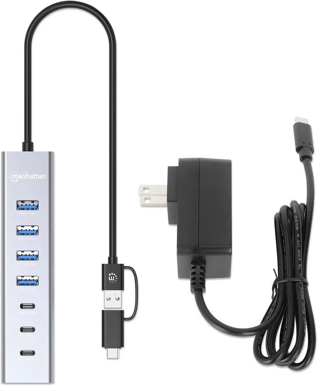 Alt view image 4 of 6 - Manhattan 7-Port USB Hub, 3 USB-C, 4 USB-A, 5 Gbps, Aluminum, Bus Powered