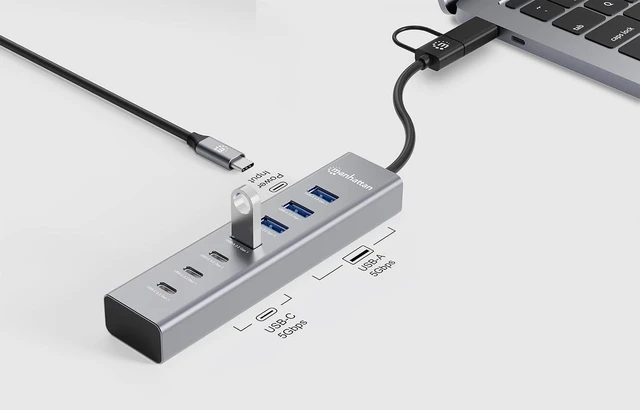 Alt view image 5 of 6 - Manhattan 7-Port USB Hub, 3 USB-C, 4 USB-A, 5 Gbps, Aluminum, Bus Powered