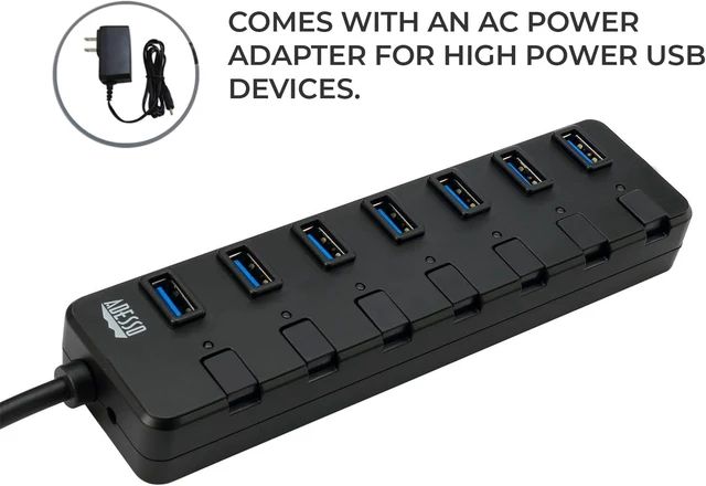 Alt view image 2 of 6 - Adesso 7-Port USB 3.0 Hub with Individual Power Switch & Power Adapter