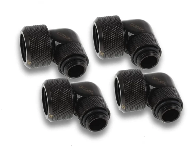 Main image of Alphacool Eiszapfen 16mm HardTube Compression Fitting, 90 Degree Rotary, Deep Black, 4-Pack