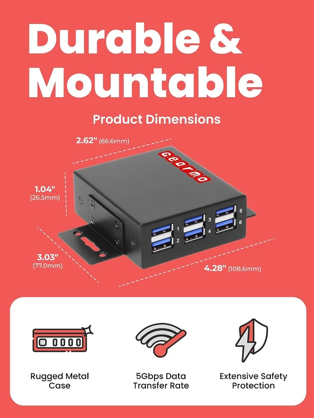Alt view image 3 of 7 - Gearmo 6 Port USB Hub, Slim USB 3.0 Hub, 60W AC Adapter (GM-6AHU3-PE)