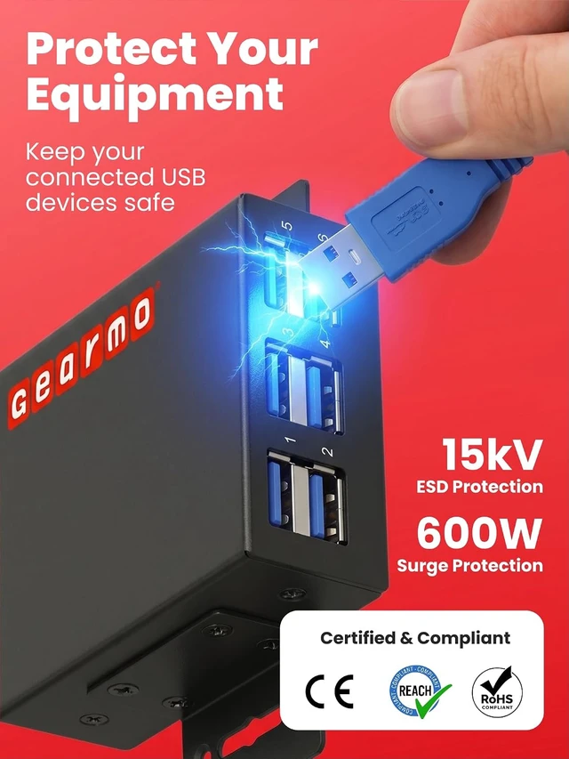 Alt view image 7 of 7 - Gearmo 6 Port USB Hub, Slim USB 3.0 Hub, 60W AC Adapter (GM-6AHU3-PE)