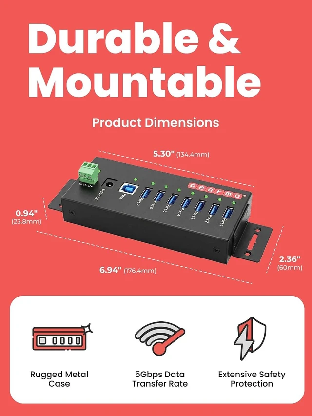 Alt view image 3 of 7 - Gearmo 7 Port USB Hub, Powered USB 3.0 Hub, 24W AC Adapter (GM-HU37DW)