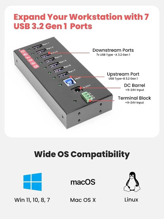 Alt view image 4 of 7 - Gearmo 7 Port USB Hub, Powered USB 3.0 Hub, 24W AC Adapter (GM-HU37DW)