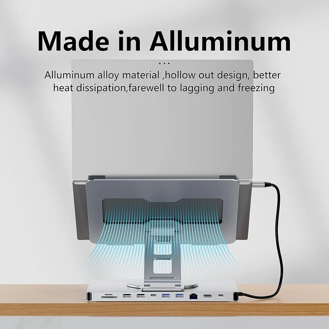 Alt view image 5 of 7 - 10 in 1 Laptop Docking Station Stand for MacBook Pro/Air/Surface/Dell/HP/Lenovo, Mac Type-C Hub with 4K HDMI, USB 3.0, SD/TF Card, RJ45, PD 3.0, USB C Laptop Stand Hub with 360 Rotating Base (ST109A)