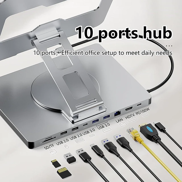 Alt view image 4 of 7 - 10 in 1 Laptop Docking Station Stand for MacBook Pro/Air/Surface/Dell/HP/Lenovo, Mac Type-C Hub with 4K HDMI, USB 3.0, SD/TF Card, RJ45, PD 3.0, USB C Laptop Stand Hub with 360 Rotating Base (ST109A)