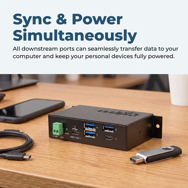 Alt view image 2 of 7 - Coolgear 4-Port USB A and USB C 3.1 Gen 1 Hub, SuperSpeed 5 Gb/s, Industrial Metal Enclosure, ESD Protection, Wall and Din Mountable