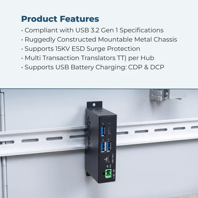 Alt view image 7 of 7 - Coolgear 4-Port USB A and USB C 3.1 Gen 1 Hub, SuperSpeed 5 Gb/s, Industrial Metal Enclosure, ESD Protection, Wall and Din Mountable