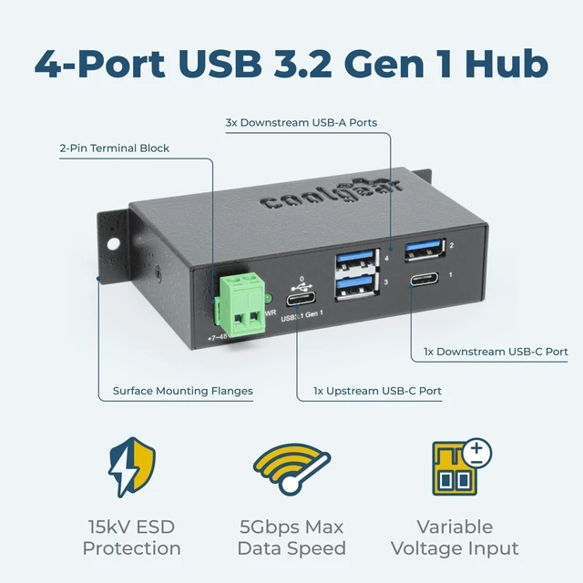 Alt view image 3 of 7 - Coolgear 4-Port USB A and USB C 3.1 Gen 1 Hub, SuperSpeed 5 Gb/s, Industrial Metal Enclosure, ESD Protection, Wall and Din Mountable