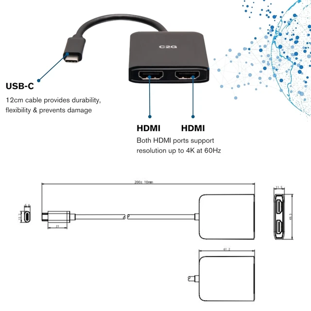 Alt view image 2 of 6 - C2G USB-C to Dual HDMI 4K Dual Monitor MST Hub, Mini DP Multi-Stream Transport (MST) Multiple Monitor Splitter, Black