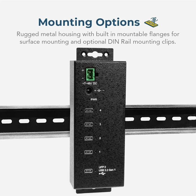 Alt view image 3 of 5 - Coolgear Industrial 4-Port USB-C 3.2 Gen 1 Hub, 15kV ESD Protection, 5 Gbps Speeds, Rugged Metal Housing, DIN Rail and Wall Mountable