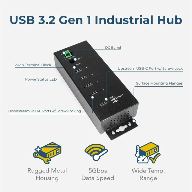 Alt view image 2 of 5 - Coolgear Industrial 4-Port USB-C 3.2 Gen 1 Hub, 15kV ESD Protection, 5 Gbps Speeds, Rugged Metal Housing, DIN Rail and Wall Mountable