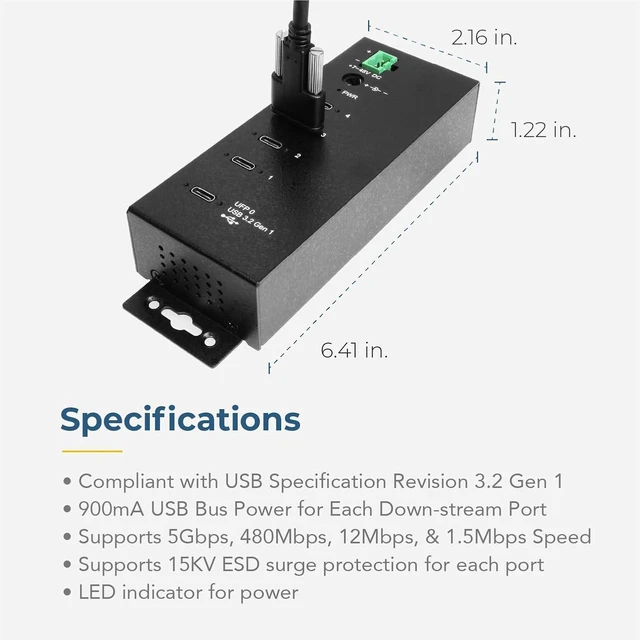 Alt view image 4 of 5 - Coolgear Industrial 4-Port USB-C 3.2 Gen 1 Hub, 15kV ESD Protection, 5 Gbps Speeds, Rugged Metal Housing, DIN Rail and Wall Mountable