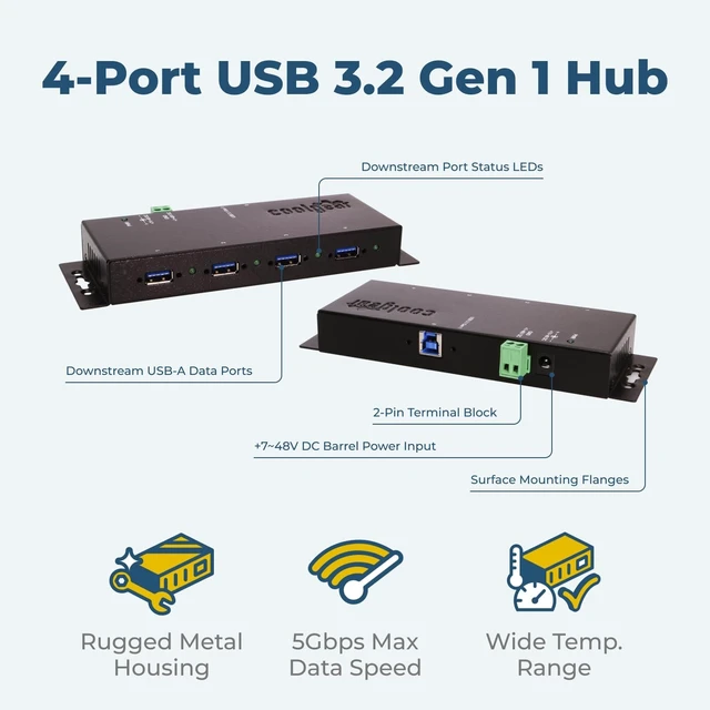 Alt view image 2 of 7 - Coolgear USB 3.0 4-Port Industrial Hub, GL 3520 Chipset, Power Supply Included, 5 Gbps Speeds, Mountable, Supports MTT