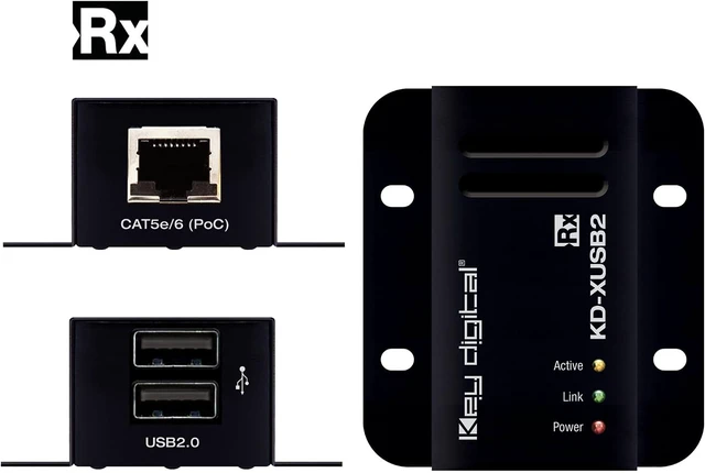 Alt view image 3 of 5 - KD-XUSB2: USB 2.0 Over CAT5e/6 Extender, extends USB 2.0 Devices Such as webcams, Keyboard, Mouse, and Audio DSPs to Host Computer up to 164ft / 50m Away