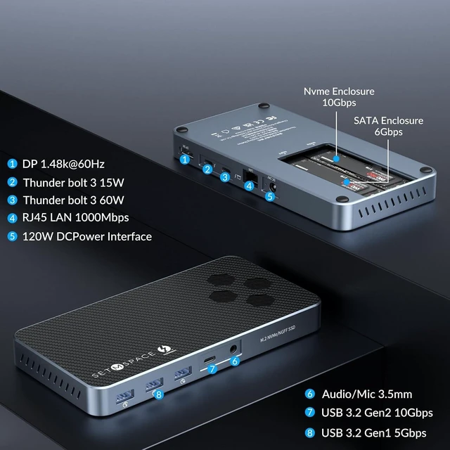 Alt view image 2 of 7 - 10 in 1 Docking Station with Thunderbolt 3 Port, 2X USB 3.1 Gen1, 2X USB 3.1 Gen2, PD 60W, 8K@60Hz DP, 3.5 Audio/Mic, Ethernet, 120W DC in, NVMe and SATA M.2 SSD Enclosure