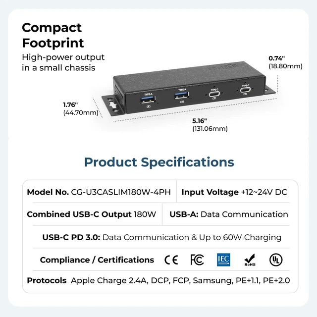Alt view image 6 of 7 - Coolgear Slim Series 180W USB-C PD Hub