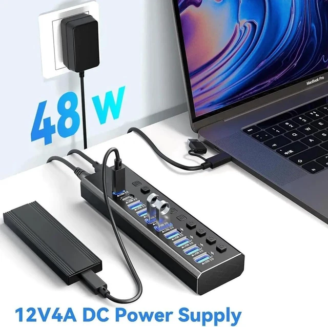Alt view image 3 of 6 - 10-Port USB Hub 3.0 Powered, 48W USB Hub with 1×USB-A 3.2 + 2×USB-C 3.2 (10Gbps) + 7×USB-A 3.0 (5Gbps), Individual On/Off Switches, 12V DC Adapter, Aluminum for Laptop PC Desktop