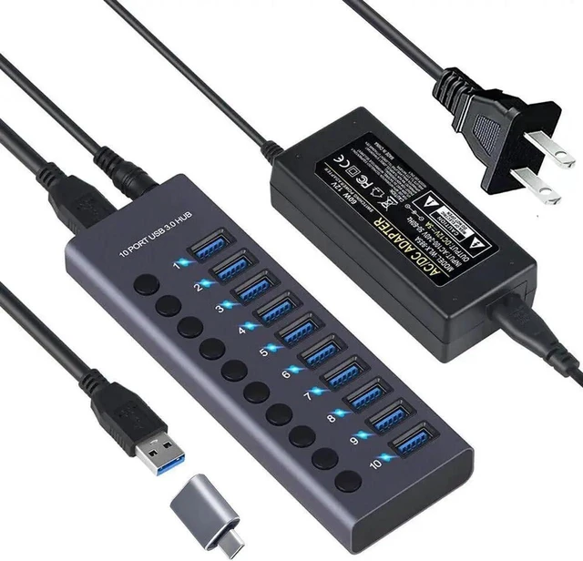 Main image of 10-Port USB 3.0 Hub with Individual Power Switches, 60W Powered USB Hub with 12V/5A Adapter, High-Speed 5Gbps Data Transfer, Aluminum USB Splitter with LED Indicators, USB-C Adapter Included