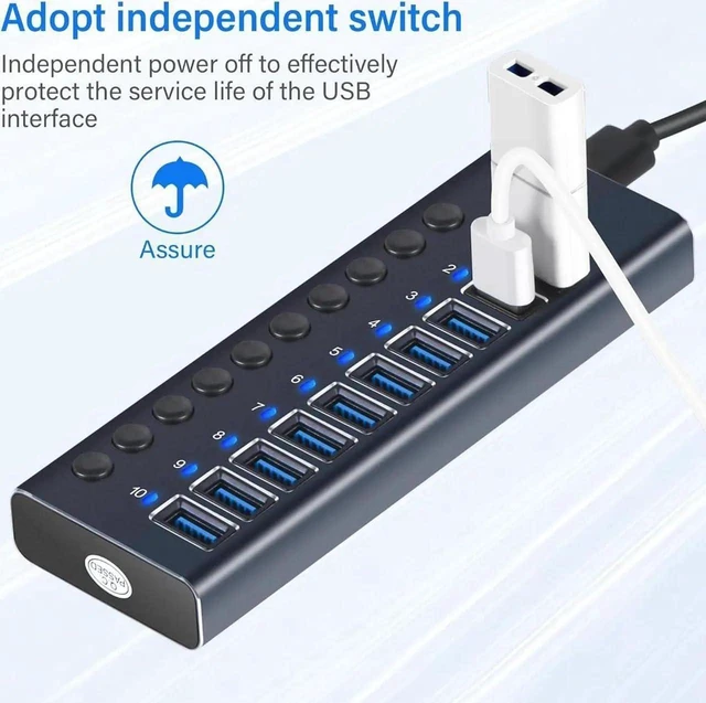Alt view image 4 of 7 - 10-Port USB 3.0 Hub with Individual Power Switches, 60W Powered USB Hub with 12V/5A Adapter, High-Speed 5Gbps Data Transfer, Aluminum USB Splitter with LED Indicators, USB-C Adapter Included