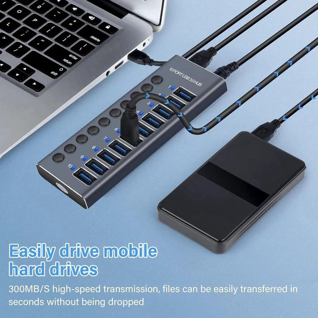 Alt view image 2 of 7 - 10-Port USB 3.0 Hub with Individual Power Switches, 60W Powered USB Hub with 12V/5A Adapter, High-Speed 5Gbps Data Transfer, Aluminum USB Splitter with LED Indicators, USB-C Adapter Included