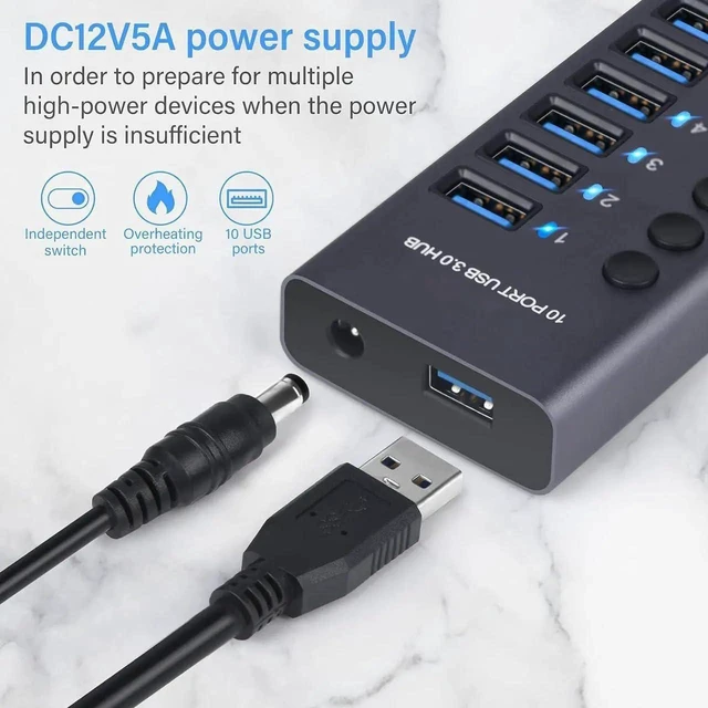 Alt view image 5 of 7 - 10-Port USB 3.0 Hub with Individual Power Switches, 60W Powered USB Hub with 12V/5A Adapter, High-Speed 5Gbps Data Transfer, Aluminum USB Splitter with LED Indicators, USB-C Adapter Included