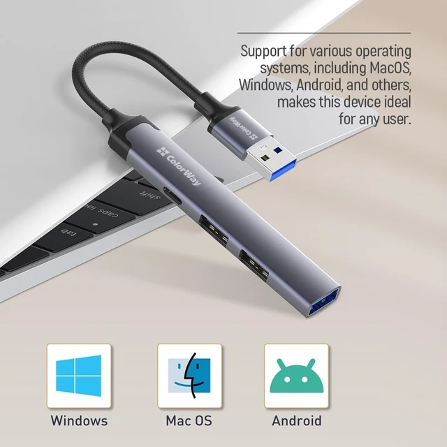 Alt view image 4 of 7 - ColorWay 4-in-1 USB Hub, USB 3.0 Dock, 3 USB-A and Type-C Ports, 5Gbps, Aluminum, Gray