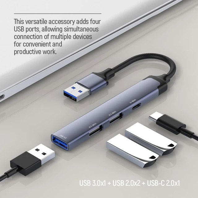 Alt view image 6 of 7 - ColorWay 4-in-1 USB Hub, USB 3.0 Dock, 3 USB-A and Type-C Ports, 5Gbps, Aluminum, Gray