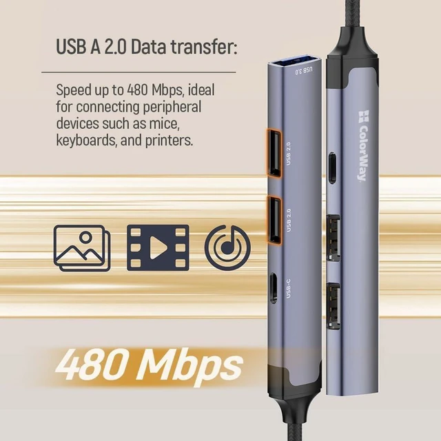 Alt view image 7 of 7 - ColorWay 4-in-1 USB Hub, USB 3.0 Dock, 3 USB-A and Type-C Ports, 5Gbps, Aluminum, Gray