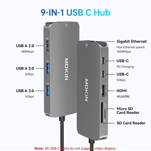 Alt view image 3 of 7 - MOKiN USB C Hub Multiport Adapter for MacBook/Dell/HP, 9 IN 1 USB C Dongle Laptop Docking Station with 4K HDMI, Ethernet, 3 USB Ports, 100W PD Charging, SD/TF Card Reader
