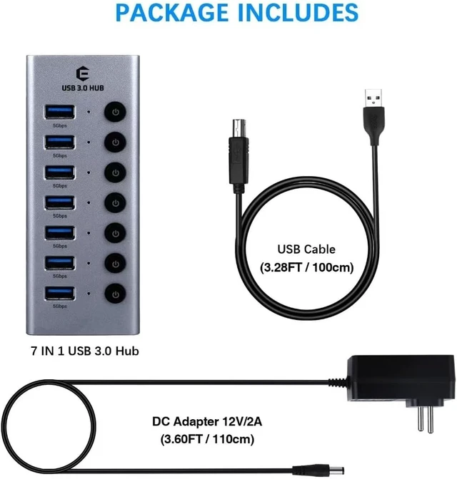 Alt view image 2 of 7 - USB 3.0 Hub with Power Supply USB Hub, 7 Port USB Active Extension USB Hub with Individual On/Off Switches and 1 m Cable for Surface, Laptop, PC, HHD, SSD
