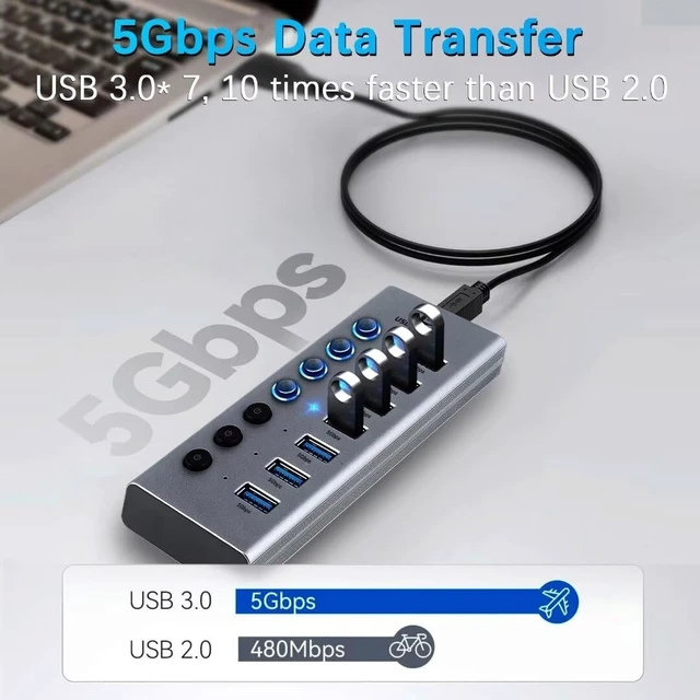 Alt view image 4 of 7 - USB 3.0 Hub with Power Supply USB Hub, 7 Port USB Active Extension USB Hub with Individual On/Off Switches and 1 m Cable for Surface, Laptop, PC, HHD, SSD