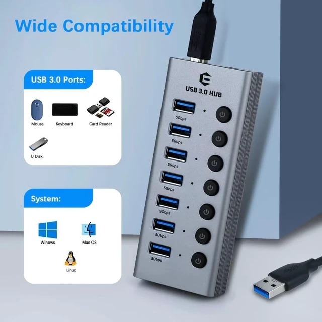 Alt view image 7 of 7 - USB 3.0 Hub with Power Supply USB Hub, 7 Port USB Active Extension USB Hub with Individual On/Off Switches and 1 m Cable for Surface, Laptop, PC, HHD, SSD
