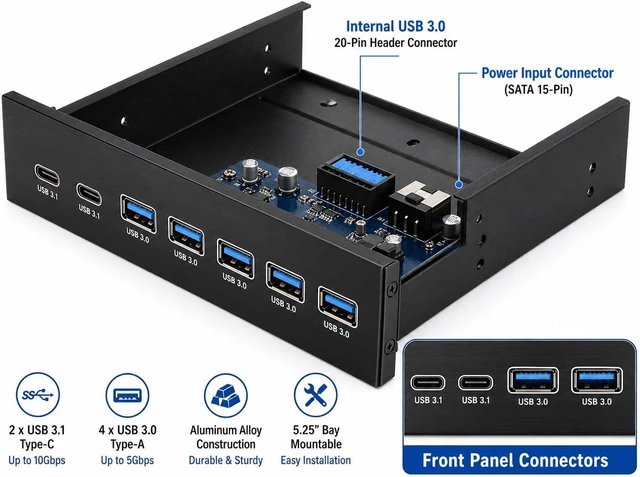 Alt view image 3 of 6 - 5.25" Front Bay USB Hub 2-Port USB 3.1 Type-C & 4-Port USB 3.0 Type-A, 5Gbps High Speed, Internal 20-Pin Header, Aluminum Alloy Front Panel Adapter for Desktop PC Optical Drive Bay