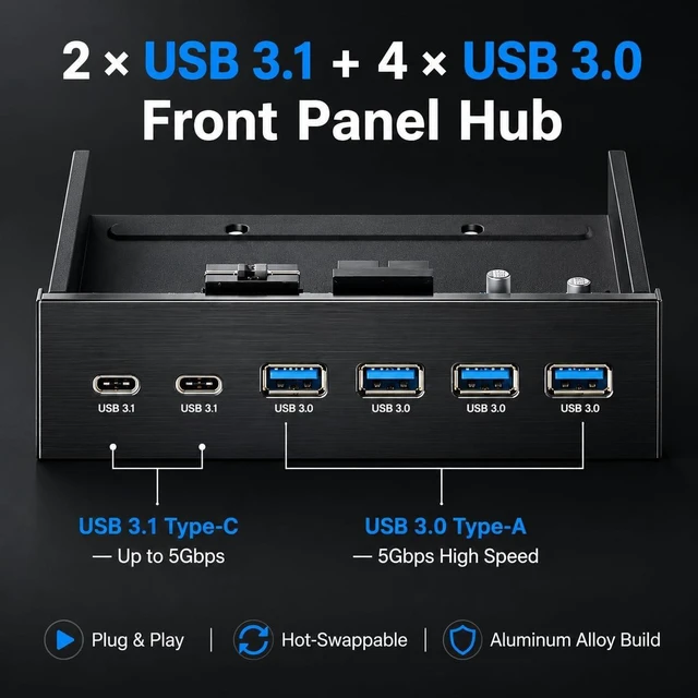 Alt view image 2 of 6 - 5.25" Front Bay USB Hub 2-Port USB 3.1 Type-C & 4-Port USB 3.0 Type-A, 5Gbps High Speed, Internal 20-Pin Header, Aluminum Alloy Front Panel Adapter for Desktop PC Optical Drive Bay