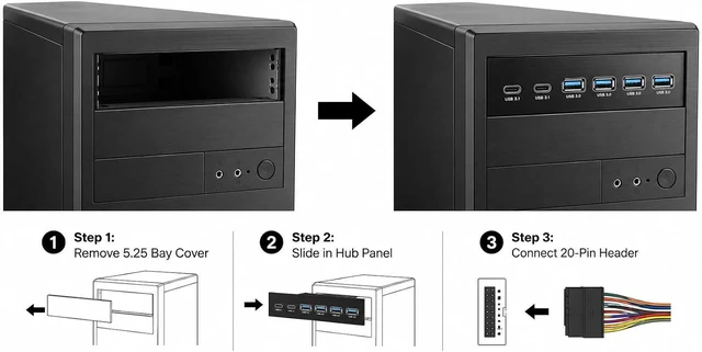 Alt view image 4 of 6 - 5.25" Front Bay USB Hub 2-Port USB 3.1 Type-C & 4-Port USB 3.0 Type-A, 5Gbps High Speed, Internal 20-Pin Header, Aluminum Alloy Front Panel Adapter for Desktop PC Optical Drive Bay