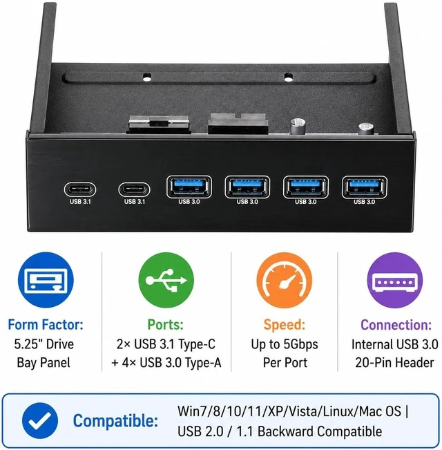 Alt view image 6 of 6 - 5.25" Front Bay USB Hub 2-Port USB 3.1 Type-C & 4-Port USB 3.0 Type-A, 5Gbps High Speed, Internal 20-Pin Header, Aluminum Alloy Front Panel Adapter for Desktop PC Optical Drive Bay