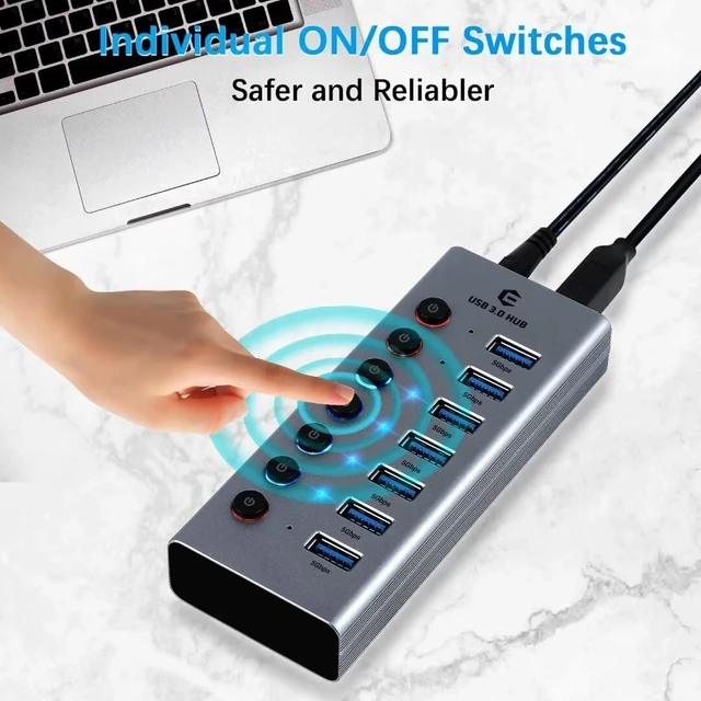 Alt view image 6 of 7 - USB 3.0 Hub with Power Supply USB Hub, 7 Port USB Active Extension USB Hub with Individual On/Off Switches and 1 m Cable for Surface, Laptop, PC, HHD, SSD