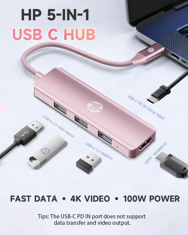 Alt view image 2 of 7 - HP USB C Docking Station - 5-in-1 Multi-Port USB C Hub with 4K HDMI, 100W Power Delivery, for Laptops, MacBook, iPad, Thinkpad and More, Pink