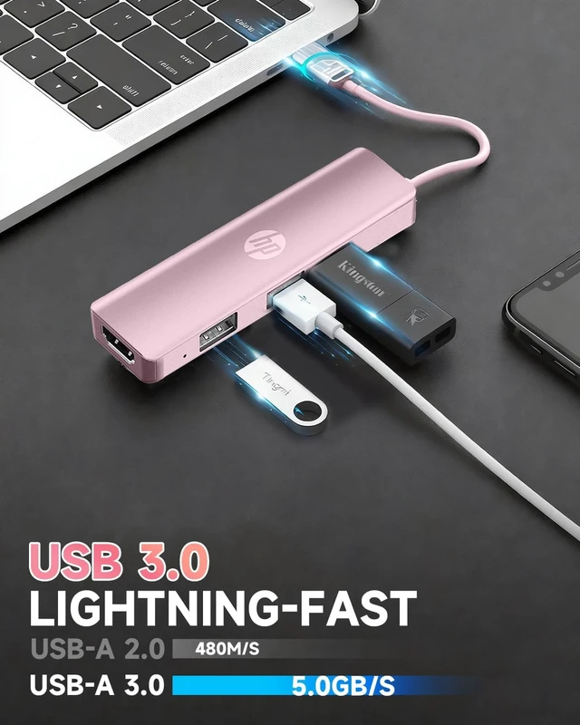 Alt view image 4 of 7 - HP USB C Docking Station - 5-in-1 Multi-Port USB C Hub with 4K HDMI, 100W Power Delivery, for Laptops, MacBook, iPad, Thinkpad and More, Pink