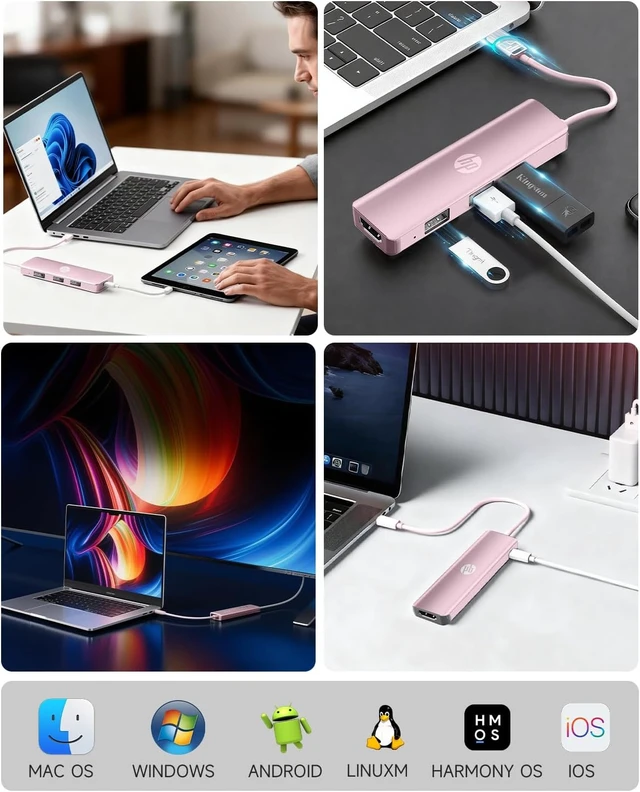 Alt view image 7 of 7 - HP USB C Docking Station - 5-in-1 Multi-Port USB C Hub with 4K HDMI, 100W Power Delivery, for Laptops, MacBook, iPad, Thinkpad and More, Pink