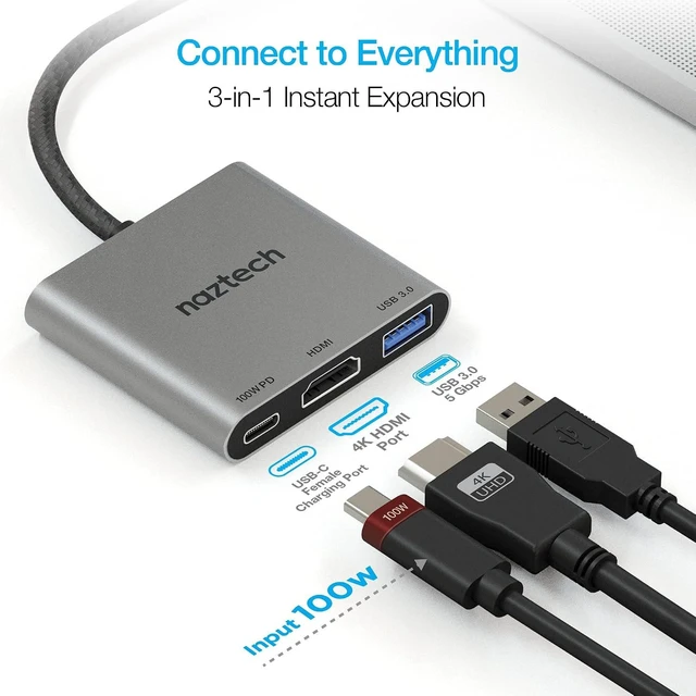 Alt view image 2 of 7 - Naztech 3-in-1 USB-C Hub Multiport Adapter, 5Gbps USB Hub for Laptop - 100W Power Delivery Charging Port, 4K Ultra HD HDMI - USB-C Dock, Dongle Adapter USB C to HDMI for MacBook, iPad Pro and More